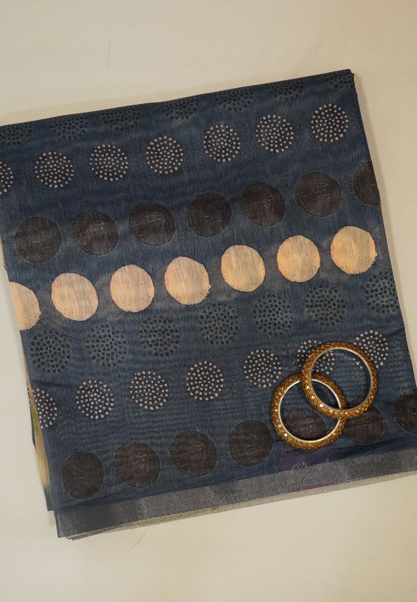 Chanderi Silk Saree - Blue with polka dots and jamdani pallu