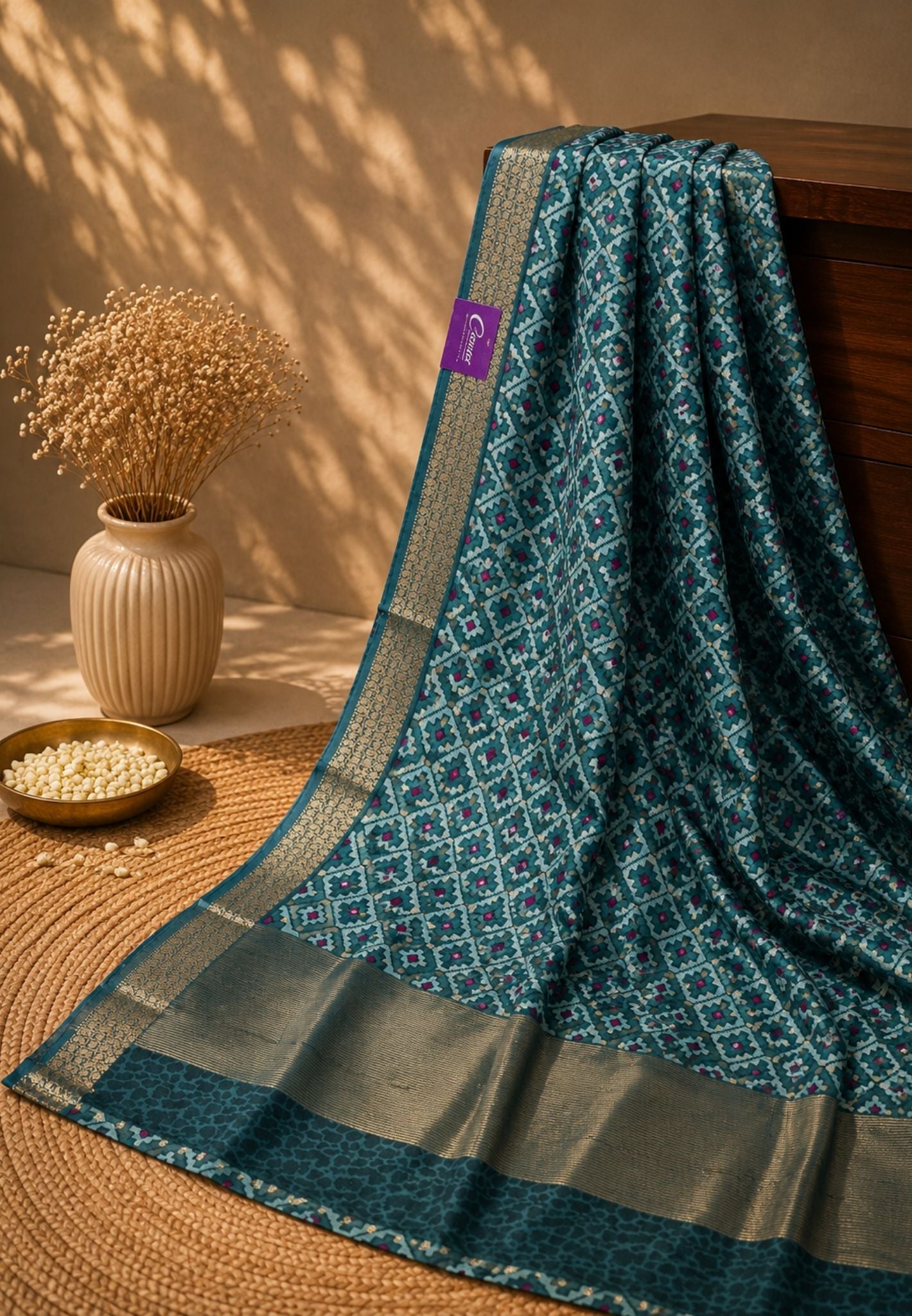 Tussar Saree-Metallic Blue in Geometric Pattern