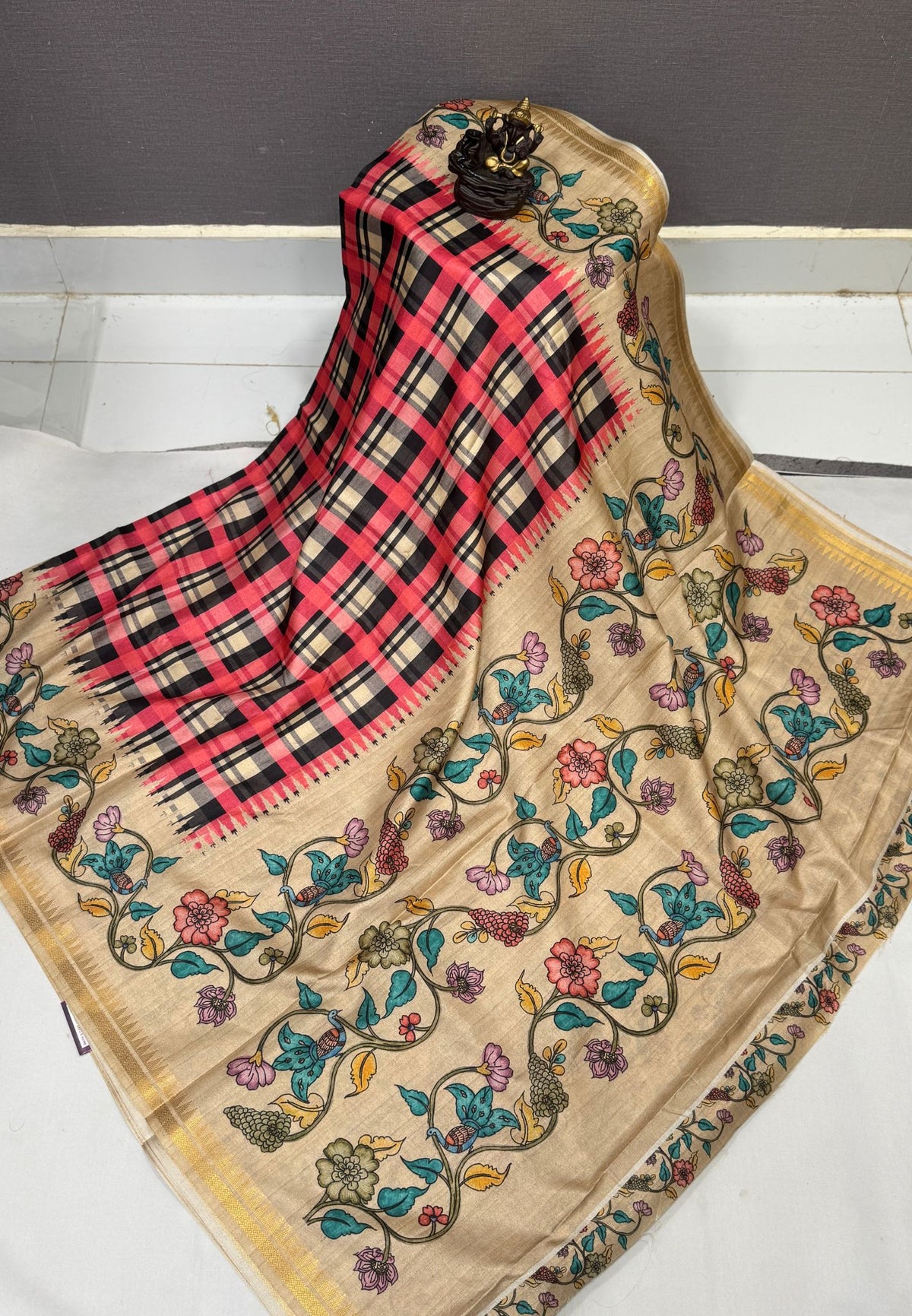 Semi Tussar Saree - Black Madras Checks With Floral Designs
