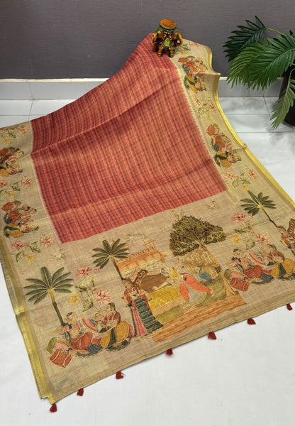 Tissue Linen Saree-Rosewod Pink in Traditional Folk Art Printed Border