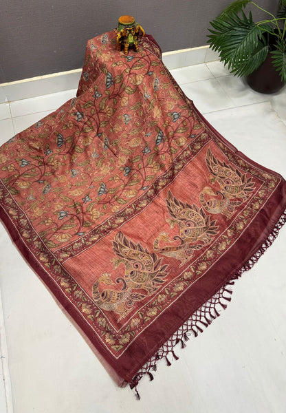 Chanderi Saree-Maroon In Floral Peacock Border