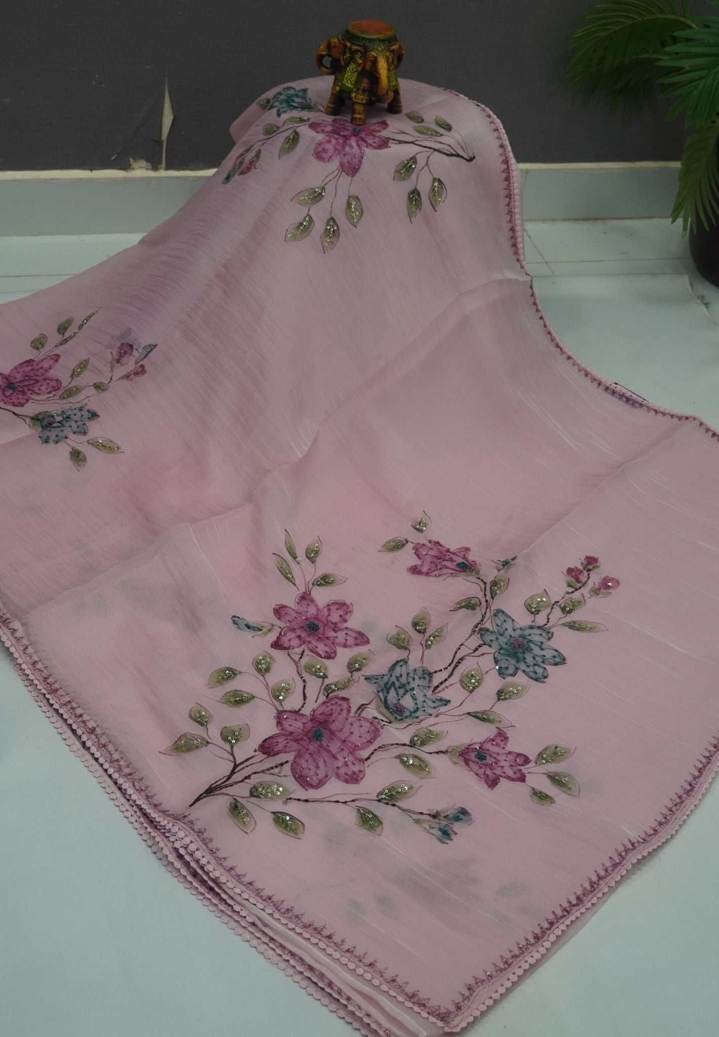 Crush Organza Saree-Dusky Pink with French Knot
