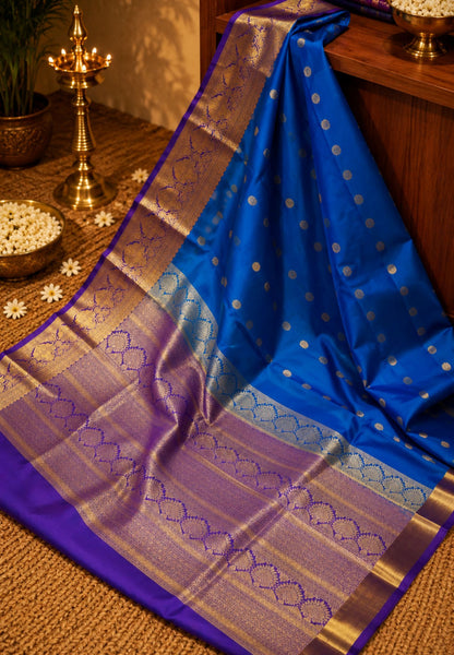 Pure Kanchipuram Silk Saree-Blue with Contrast Purple in Self Emboss