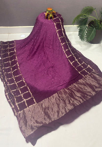 Banarasi Bandeji Saree-Wine in Zari Checks Border