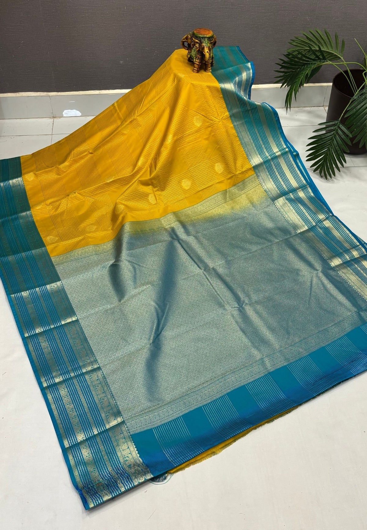 Budget Kanchipuram Saree-Yellow with Contrast Border