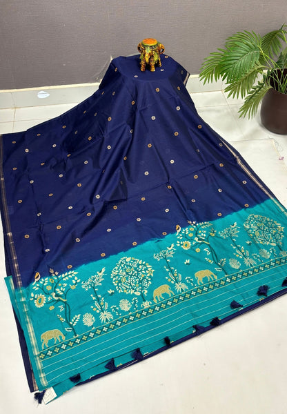 Gaji Silk Saree-Navy Blue In Warli Tree & Elephant With Contrast Border