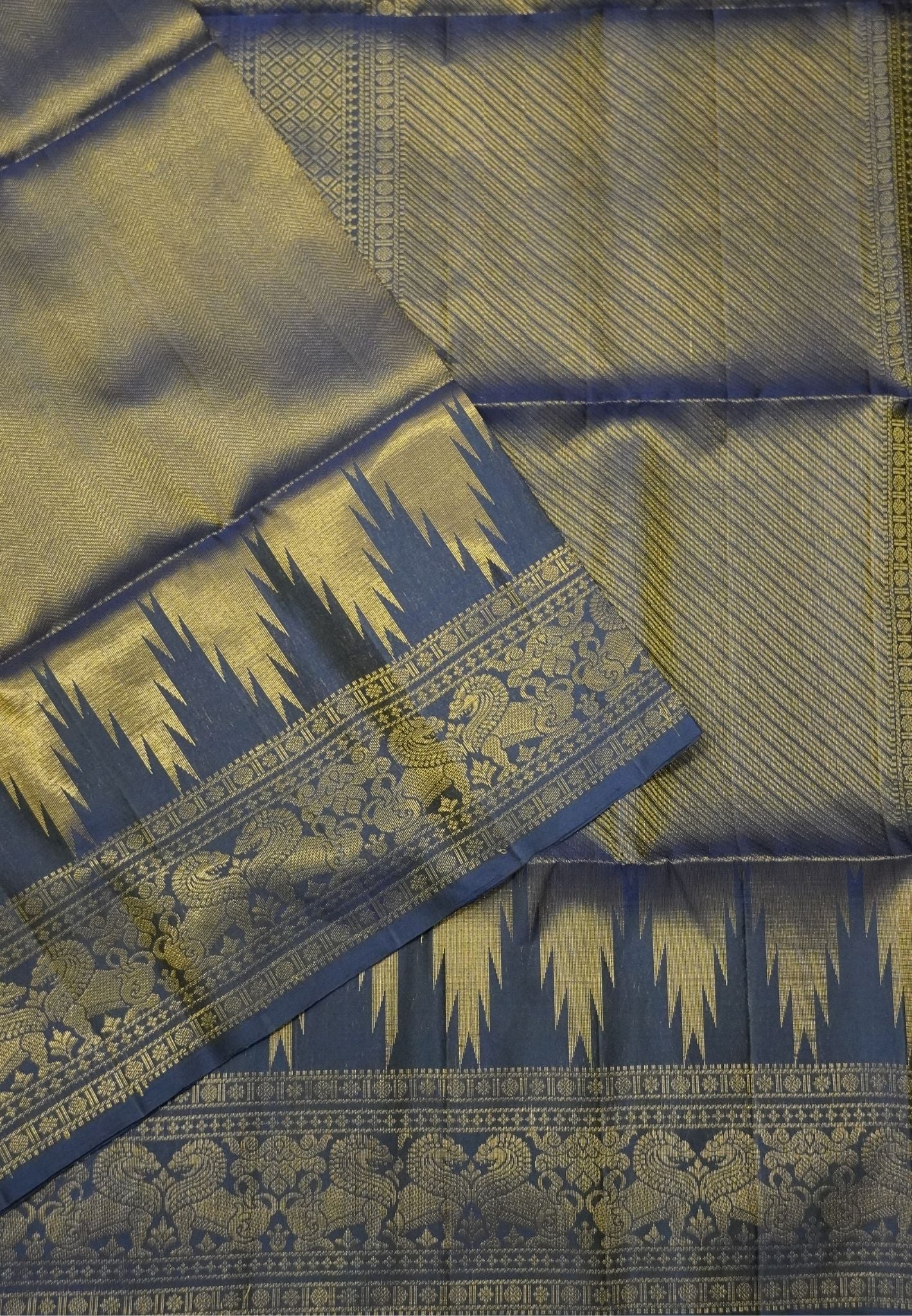 Pure Soft Silk Saree-Navy Blue Brocade Weaving with Temple Border