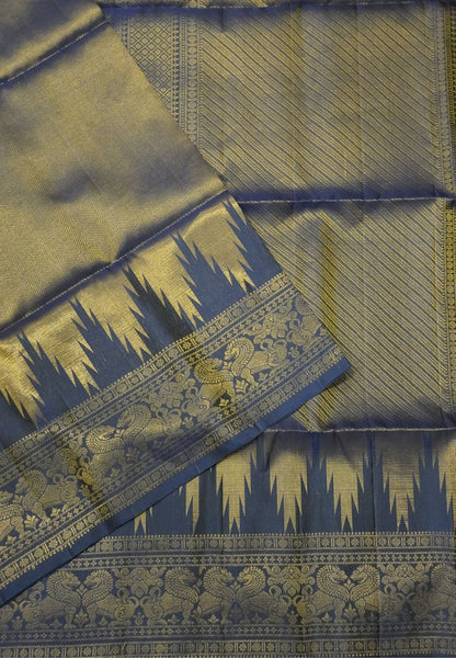 Pure Soft Silk Saree-Navy Blue Brocade Weaving with Temple Border