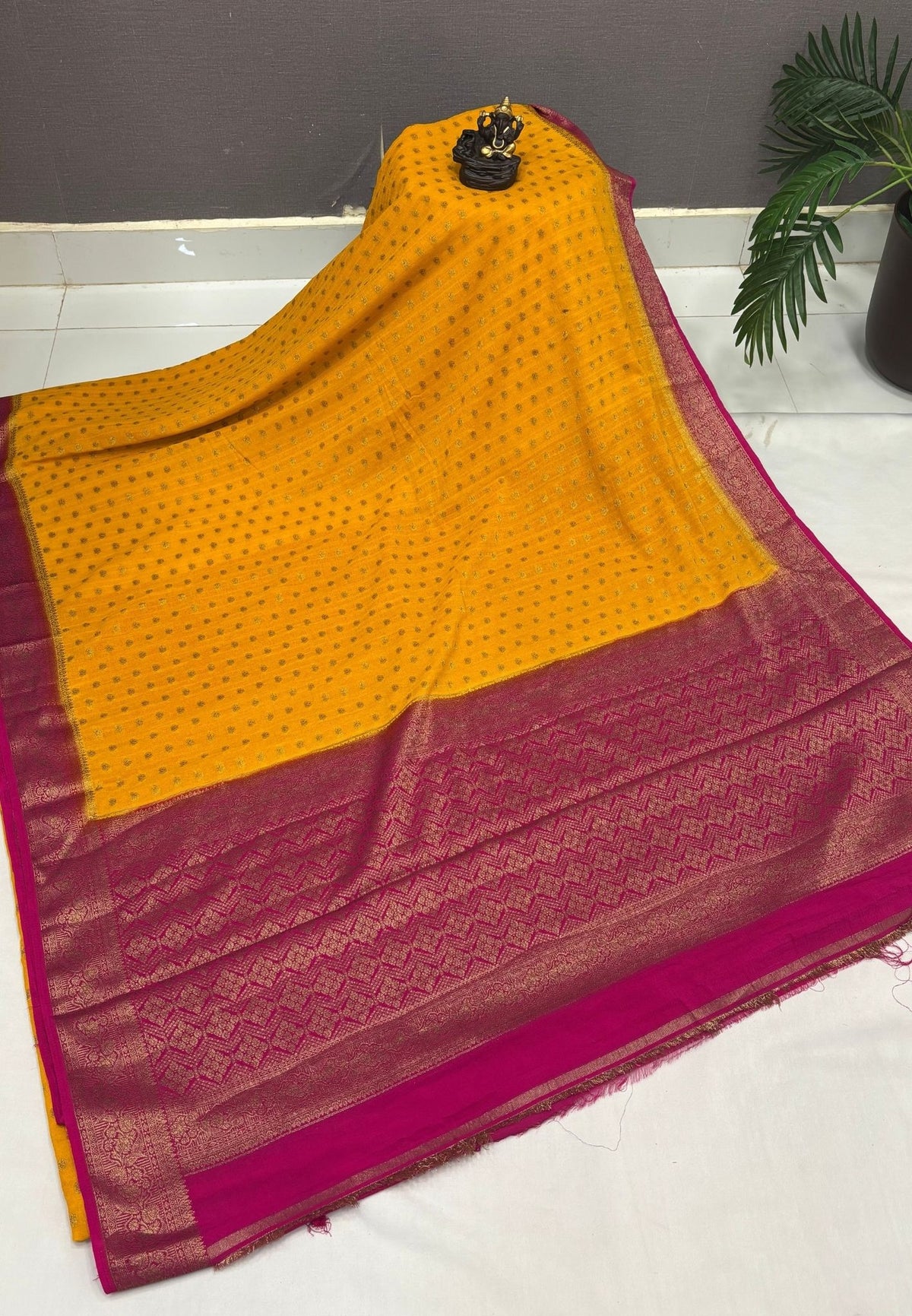 Banarasi Georgette Saree-Mango Yellow with Leaf Butta and Contrast Border