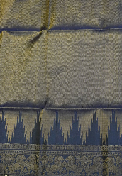 Pure Soft Silk Saree-Navy Blue Brocade Weaving with Temple Border