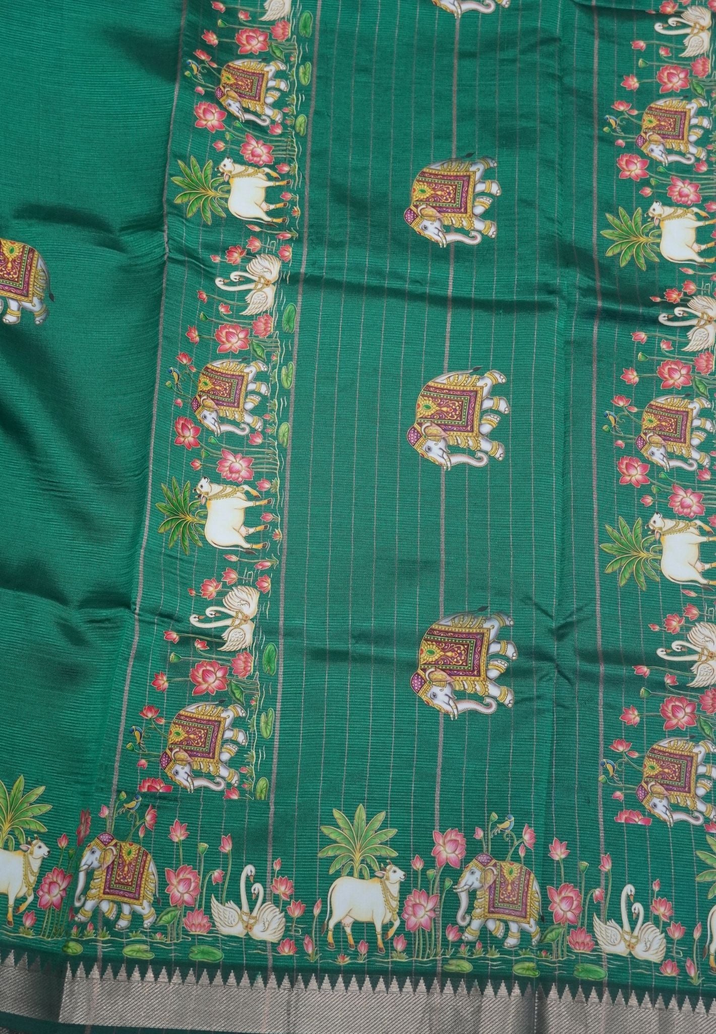 Pure Mangalgiri Silk Saree-Green with Tanjore Print