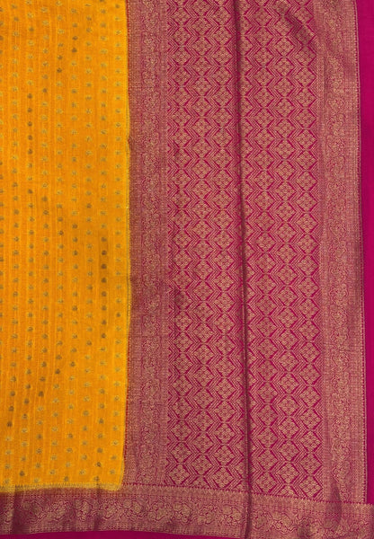 Banarasi Georgette Saree-Mango Yellow with Leaf Butta and Contrast Border