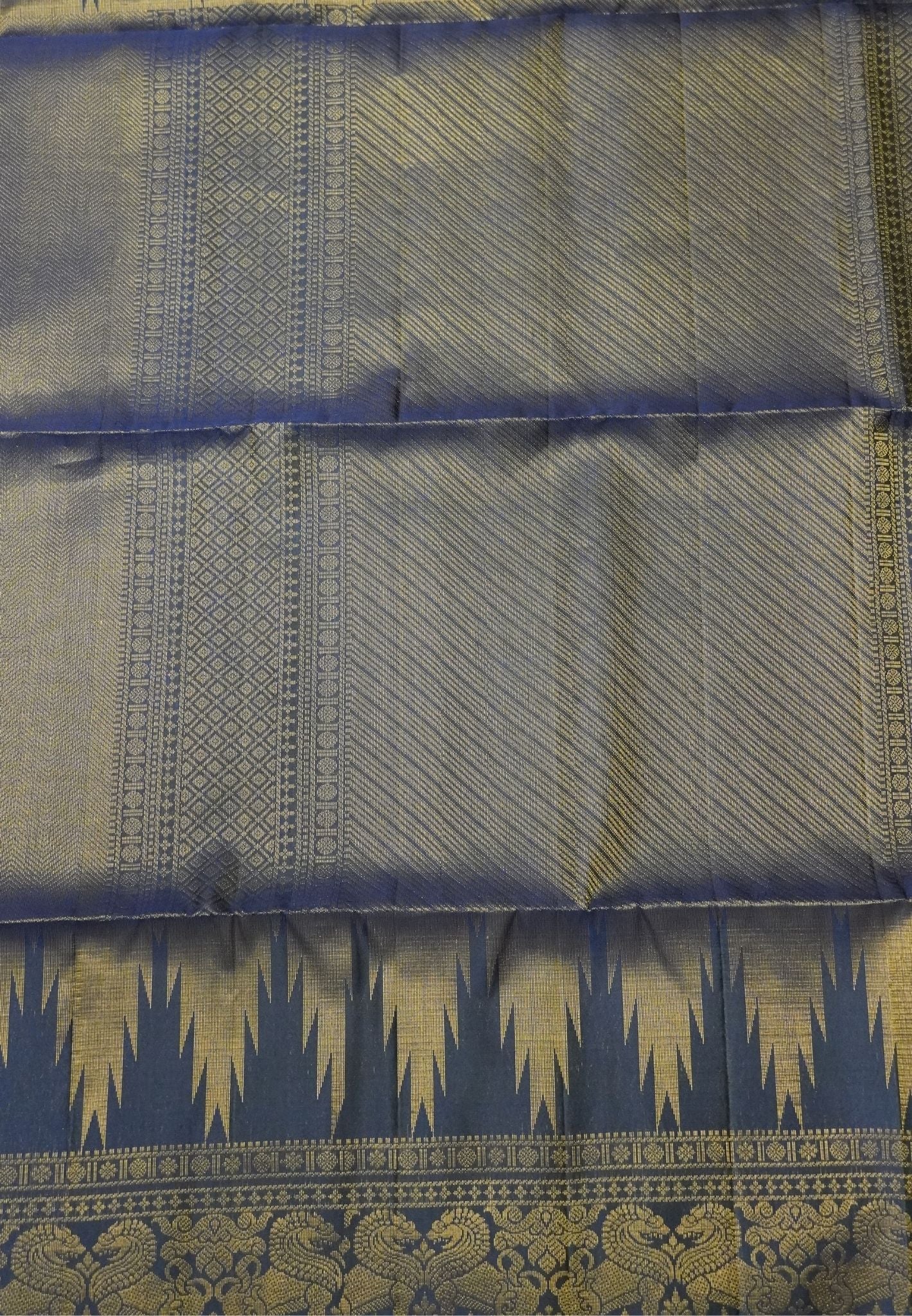Pure Soft Silk Saree-Navy Blue Brocade Weaving with Temple Border