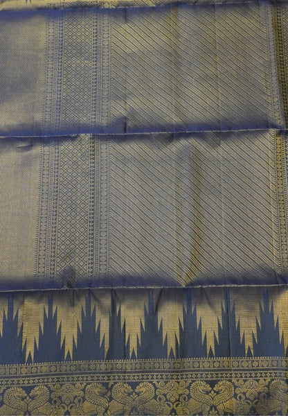 Pure Soft Silk Saree-Navy Blue Brocade Weaving with Temple Border