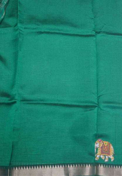 Pure Mangalgiri Silk Saree-Green with Tanjore Print