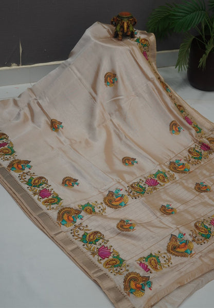 Pure Mangalgiri Silk Saree-Beige with Tanjore Print