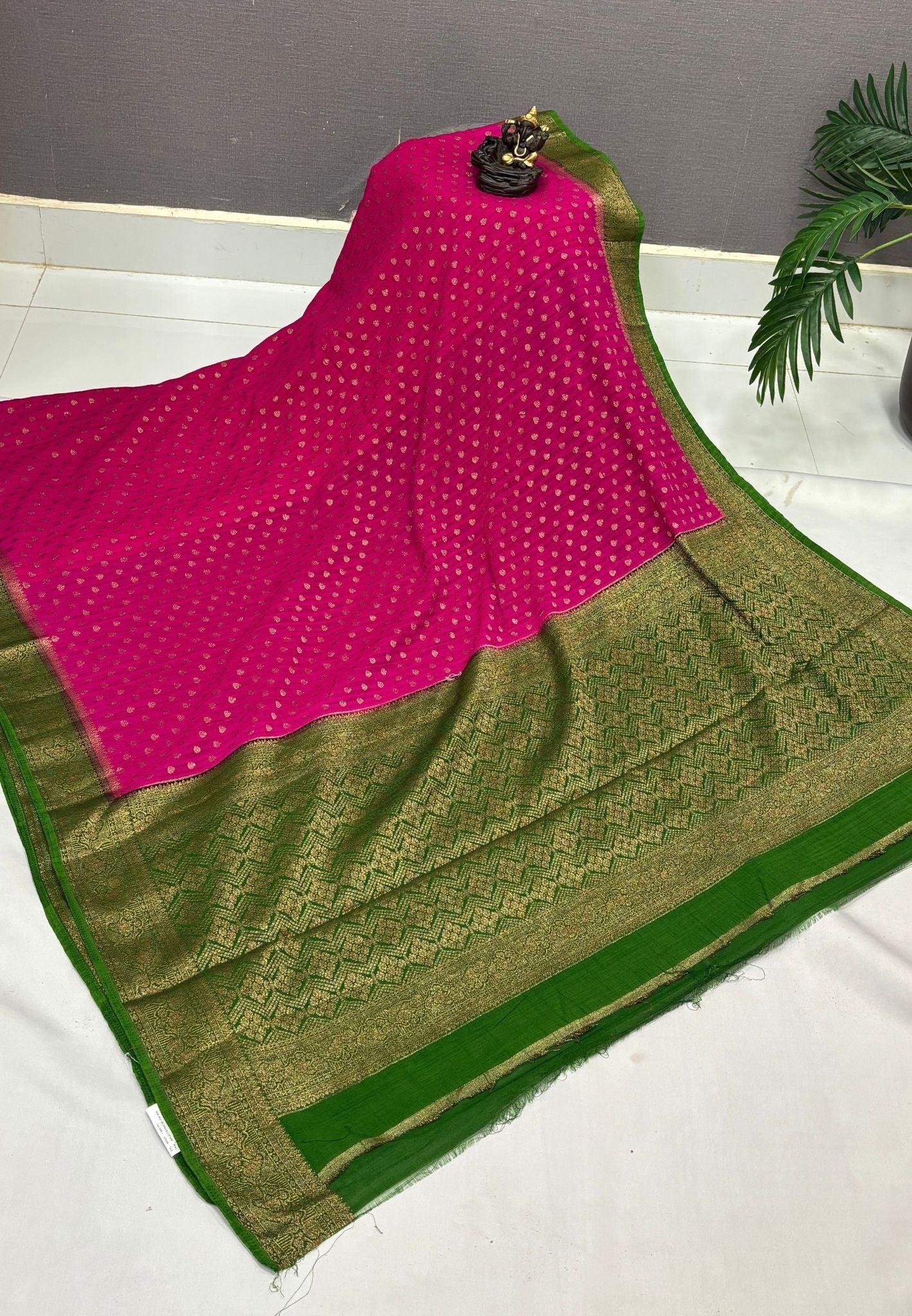 Banarasi Georgette Saree- Rani Pink with Leaf Butta and Contrast Border