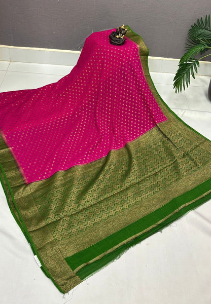 Banarasi Georgette Saree- Rani Pink with Leaf Butta and Contrast Border