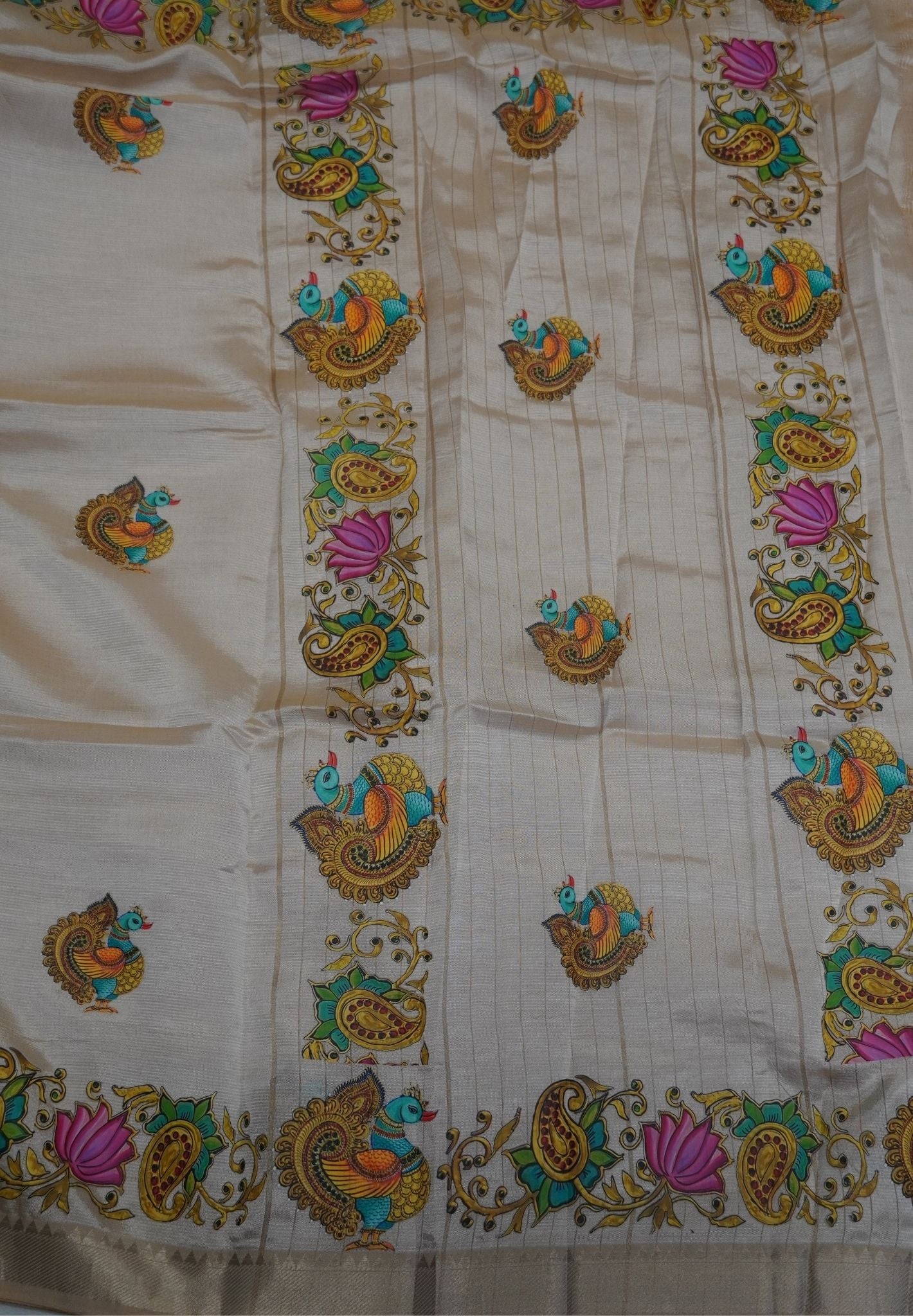 Pure Mangalgiri Silk Saree-Beige with Tanjore Print