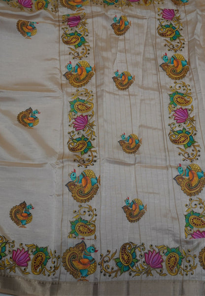 Pure Mangalgiri Silk Saree-Beige with Tanjore Print