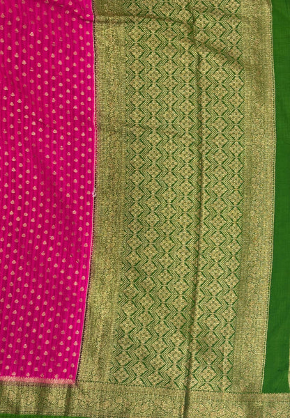 Banarasi Georgette Saree- Rani Pink with Leaf Butta and Contrast Border
