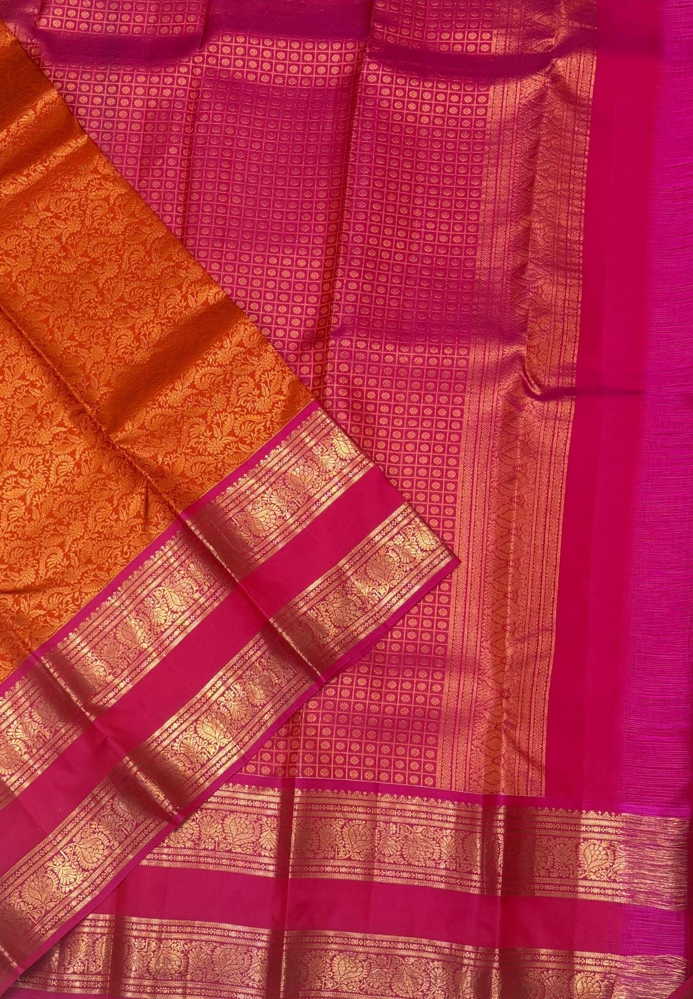 Pure Kanchipuram Silk Saree-Traditional Orange Pink  Gold Zari Panel Border with Contrast Border