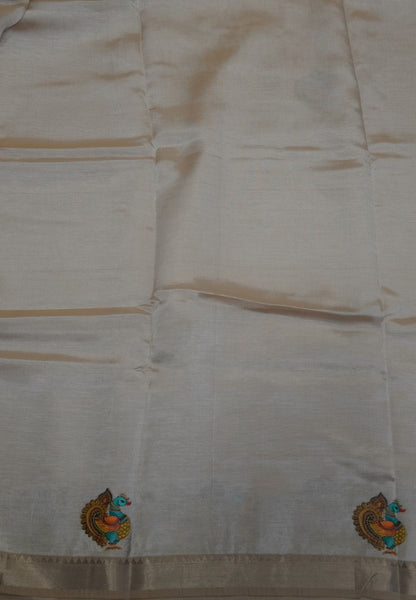 Pure Mangalgiri Silk Saree-Beige with Tanjore Print