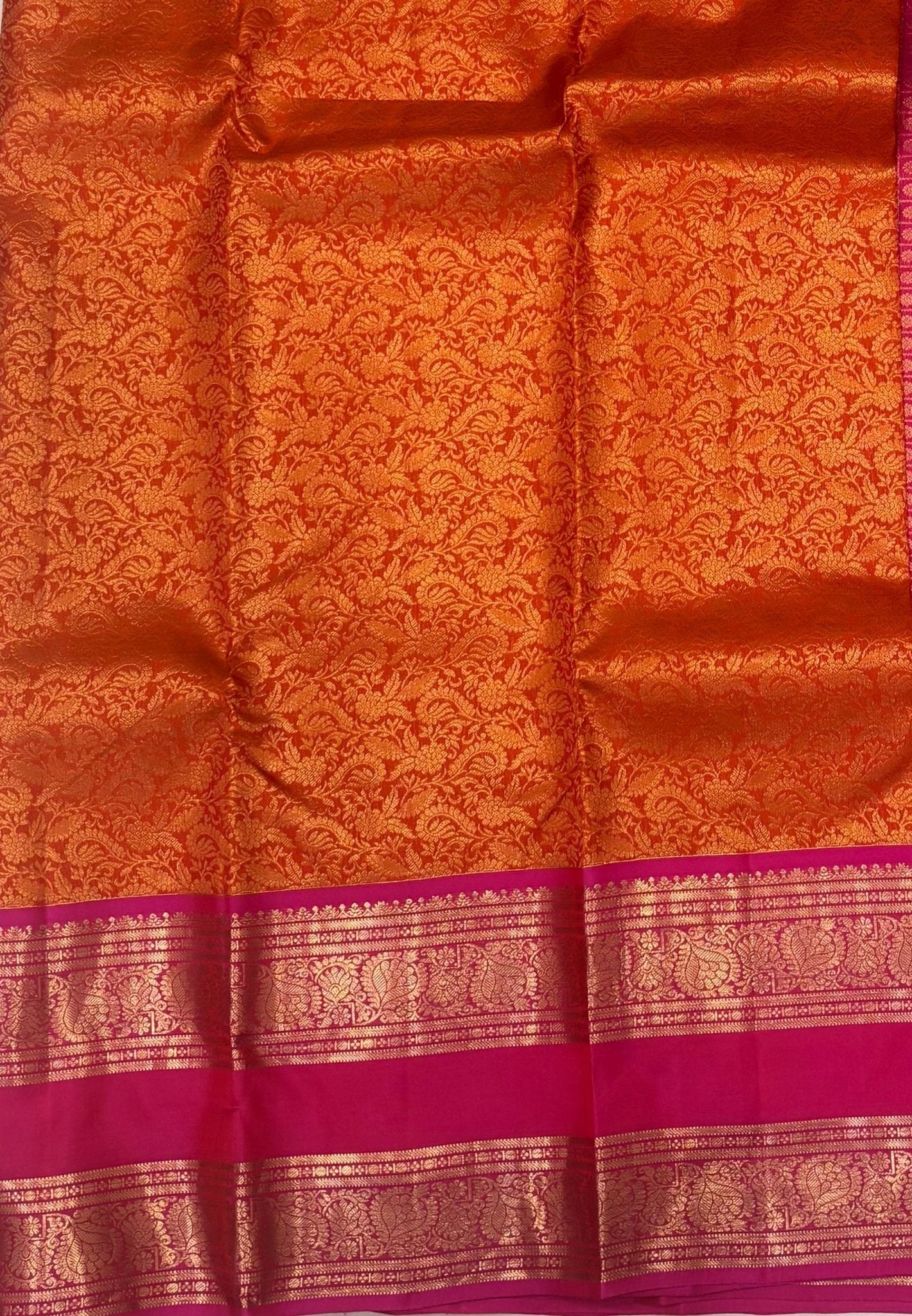 Pure Kanchipuram Silk Saree-Traditional Orange Pink  Gold Zari Panel Border with Contrast Border