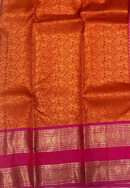 Pure Kanchipuram Silk Saree-Traditional Orange Pink  Gold Zari Panel Border with Contrast Border