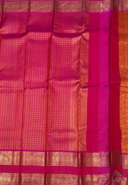 Pure Kanchipuram Silk Saree-Traditional Orange Pink  Gold Zari Panel Border with Contrast Border