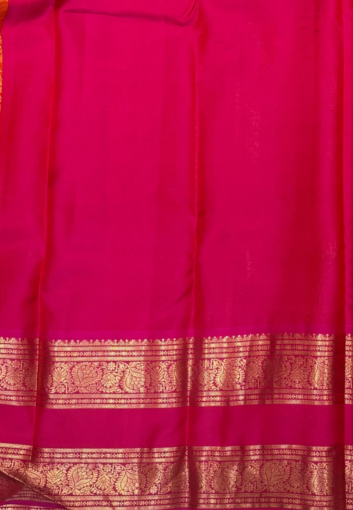 Pure Kanchipuram Silk Saree-Traditional Orange Pink  Gold Zari Panel Border with Contrast Border