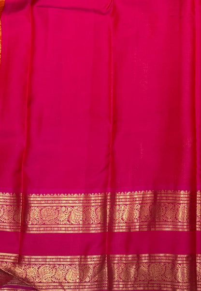 Pure Kanchipuram Silk Saree-Traditional Orange Pink  Gold Zari Panel Border with Contrast Border