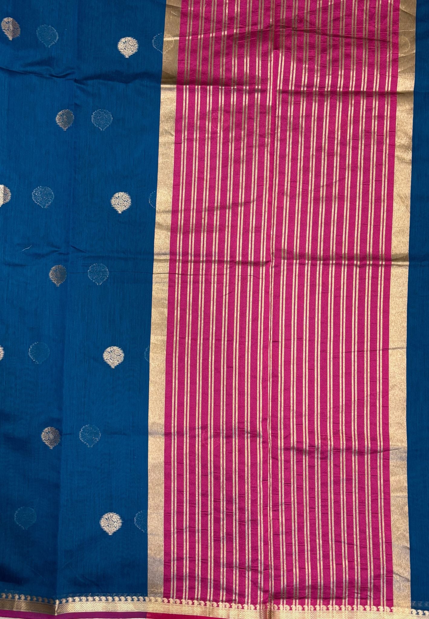 Semi Maheswari Saree-Peacock Blue In Golden Stripe Border