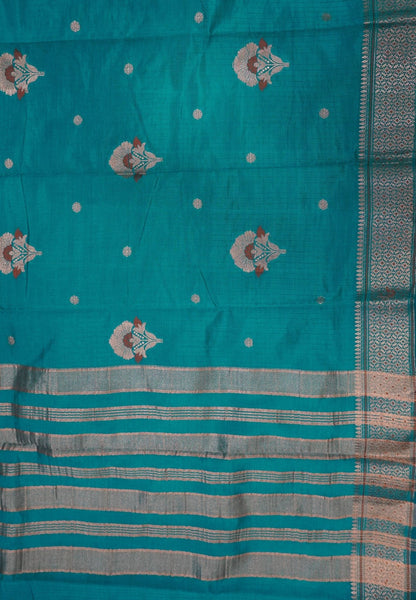 Semi Tussar Saree-Ramar Blue with Floral Zari Motif