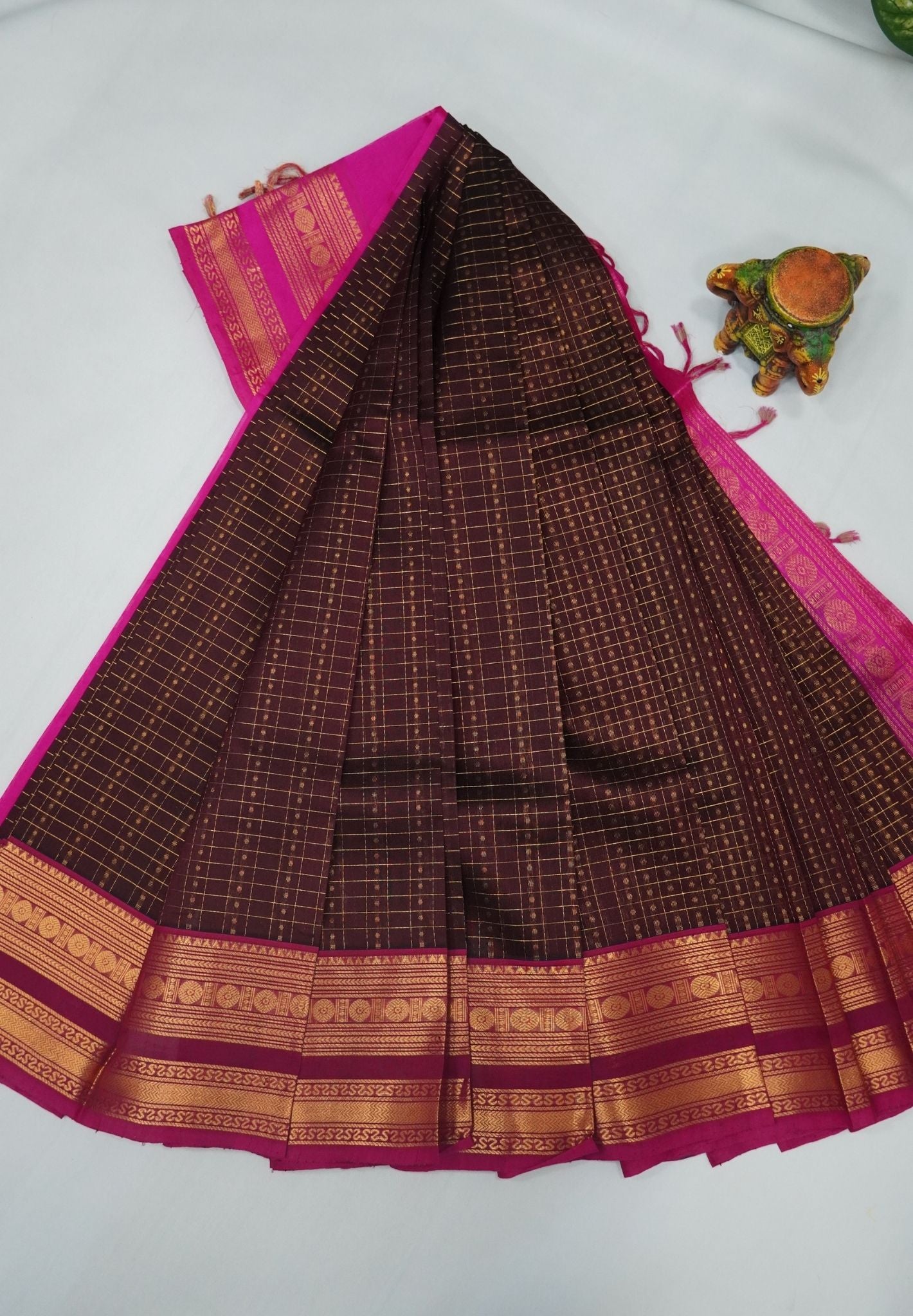 Pure Silk Cotton Saree-Coffee Brown in Golden Zari Checks with Contrast Border