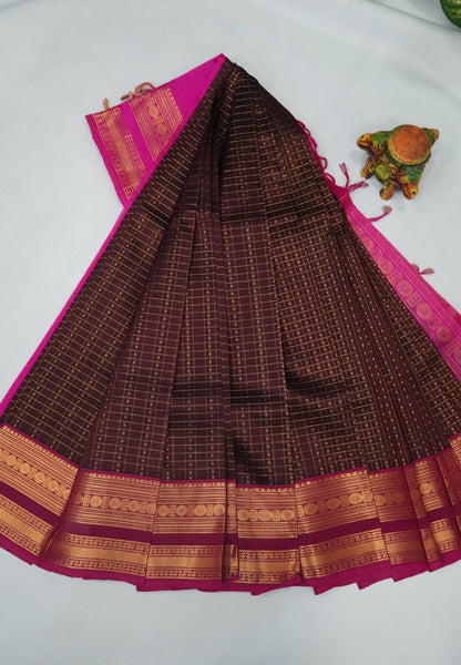 Pure Silk Cotton Saree-Coffee Brown in Golden Zari Checks with Contrast Border