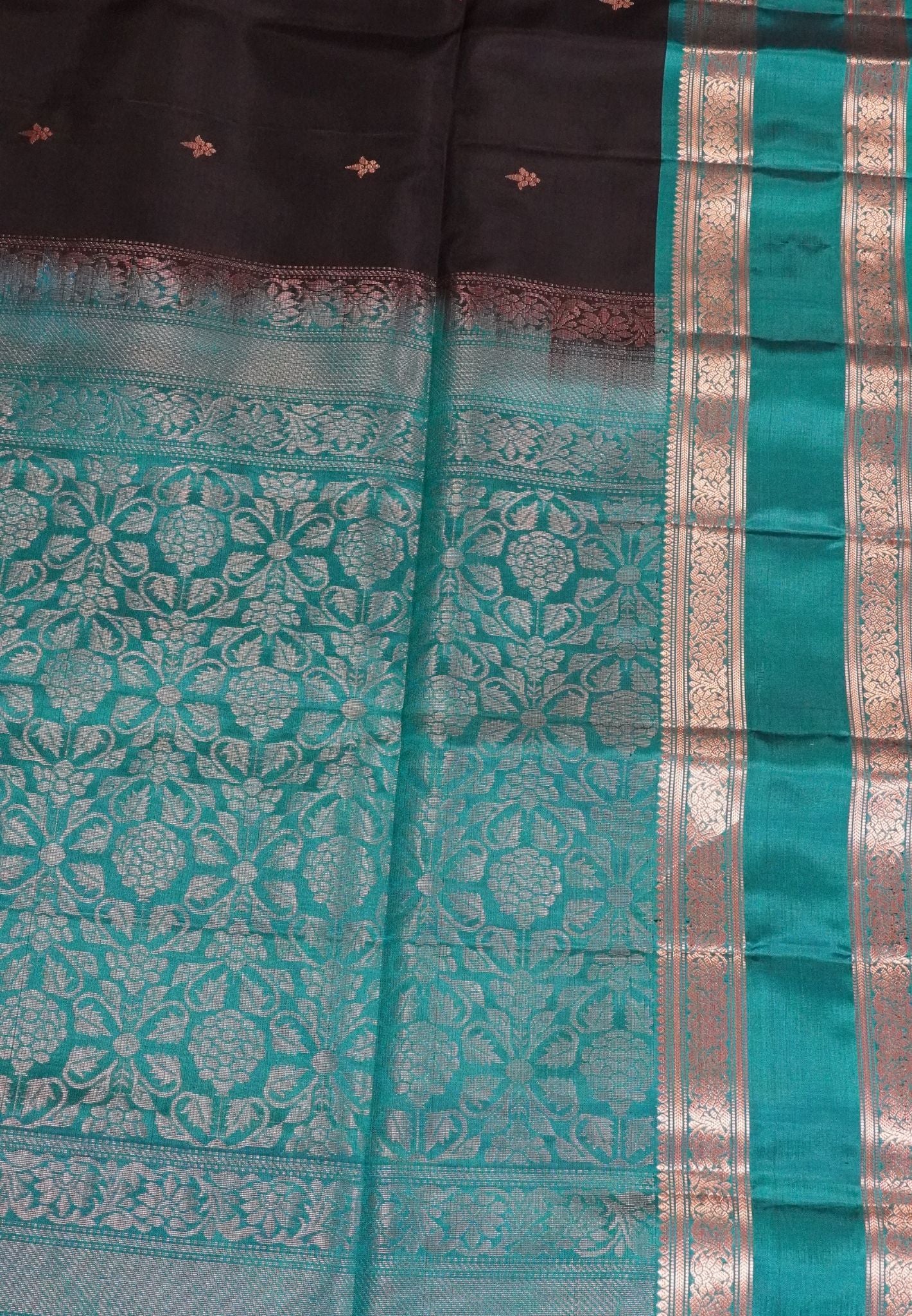 Pure Silk Saree - Black - Peacock Green
