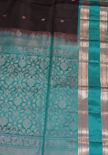 Pure Silk Saree - Black - Peacock Green