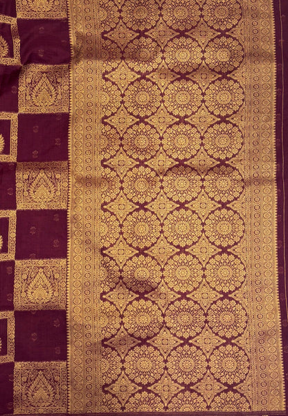 Soft Jute Tussar Saree-Maroon In Square Check Zari Border