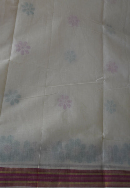 Cotton Saree-Off White with Contrast Gold Striped Border