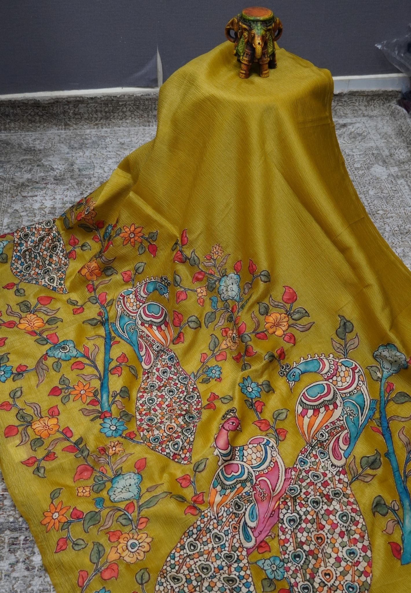 Crush Tissue Saree – Yellow Peacock Print
