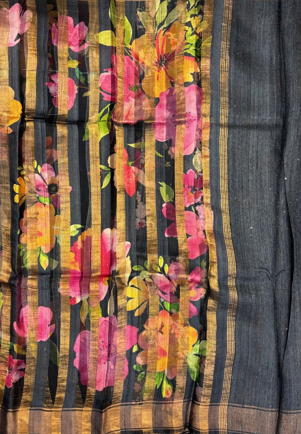 Pure Organza Tussar Saree-Black In Striped Zari Border