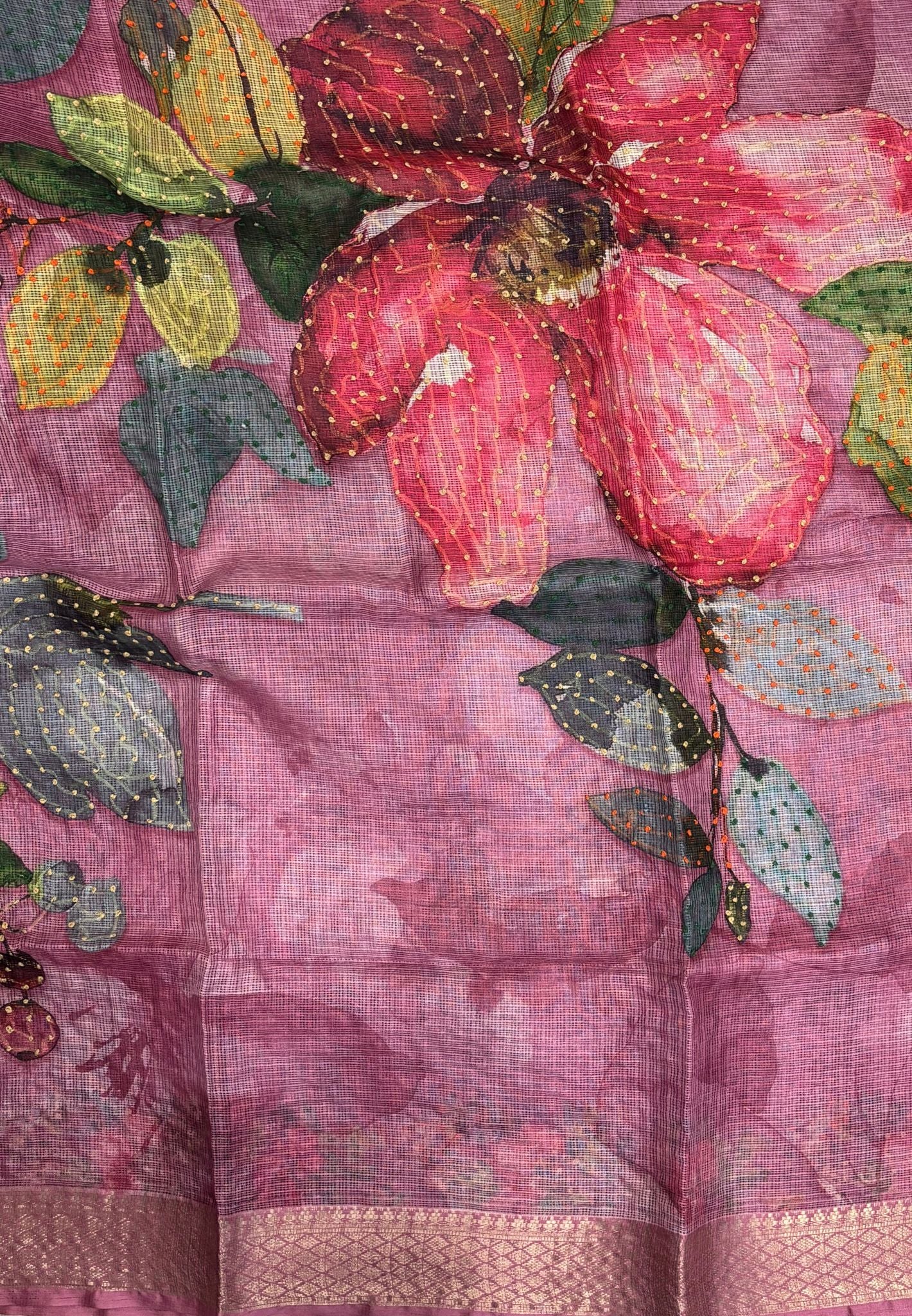 Kota Saree-Pink In French Knot Floral Border