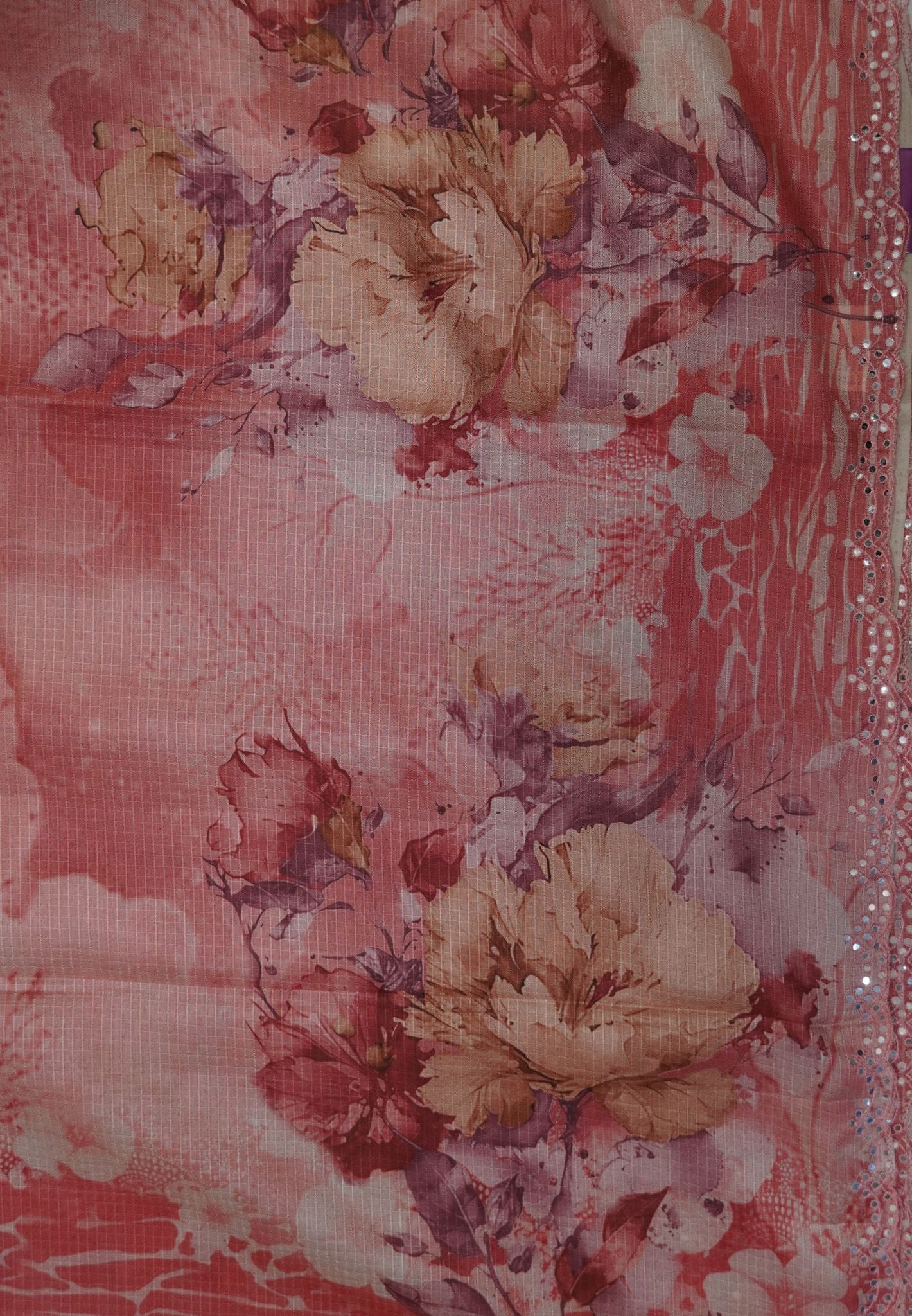 Matka Tussar Saree – Orange Floral Print with Scallop Border