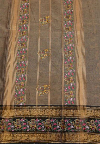 Chettinad Cotton Saree- Beige with Camel Tanjore Print