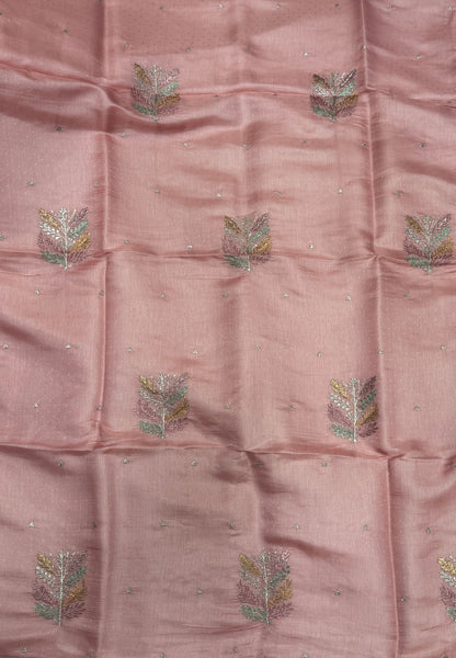 Blueberry Silk Saree-Peach in Leaf Butta Embroidery Border