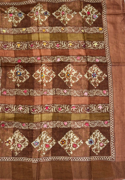 Pure Tussar Saree-Rust Orange  with Mirror Work