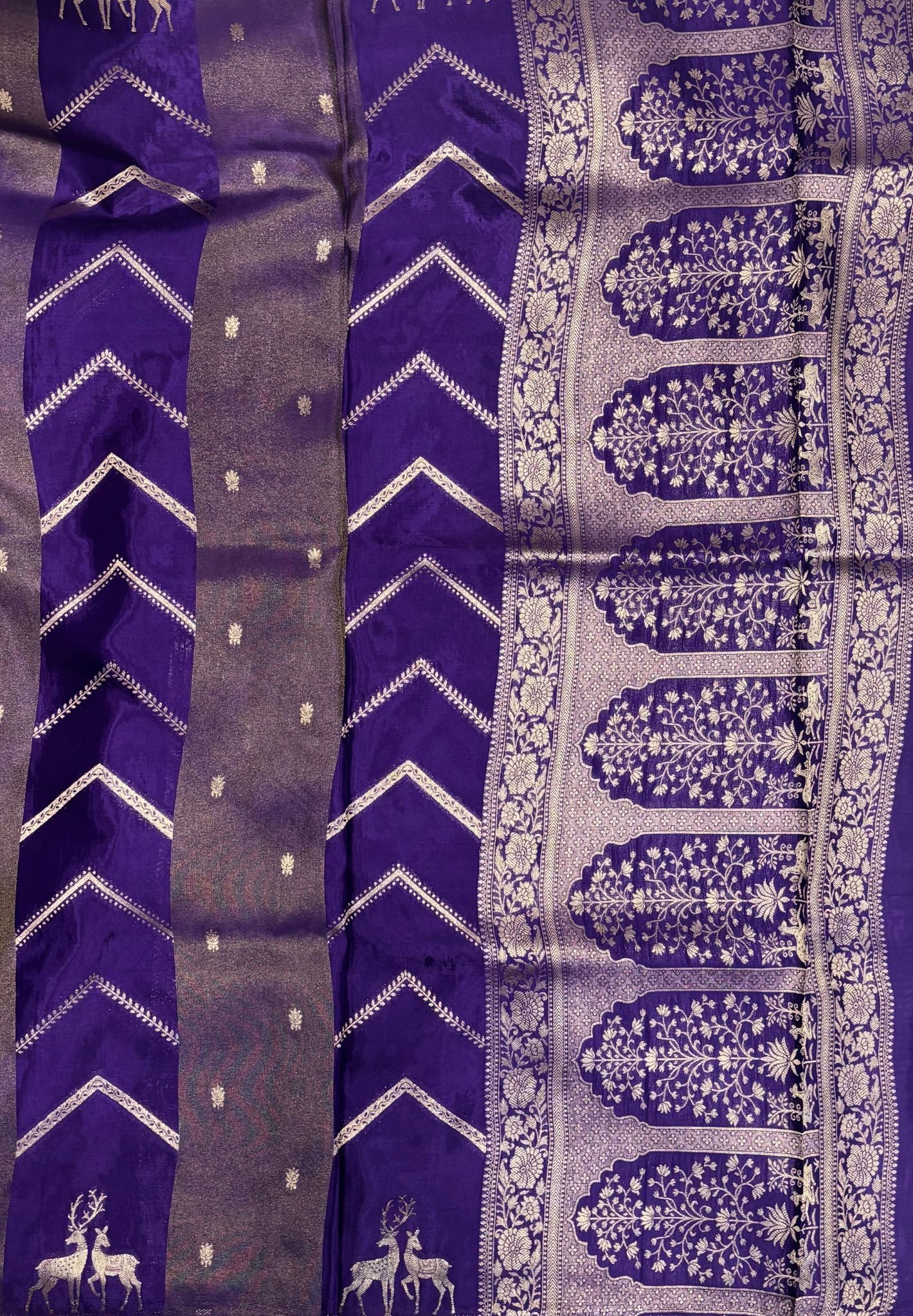 Banarasi Crepe Saree-Purple In Deer Motif Zari Border