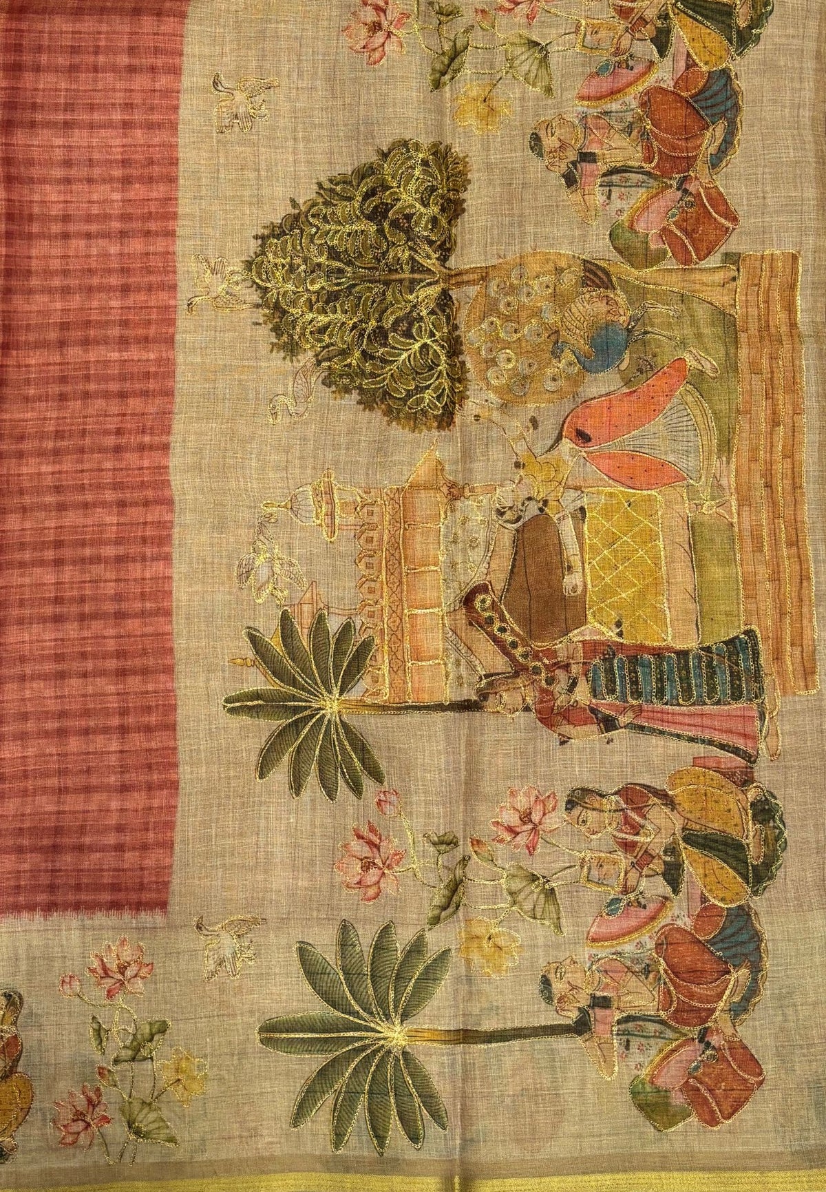 Tissue Linen Saree-Rosewod Pink in Traditional Folk Art Printed Border