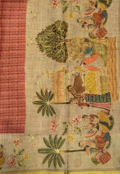 Tissue Linen Saree-Rosewod Pink in Traditional Folk Art Printed Border